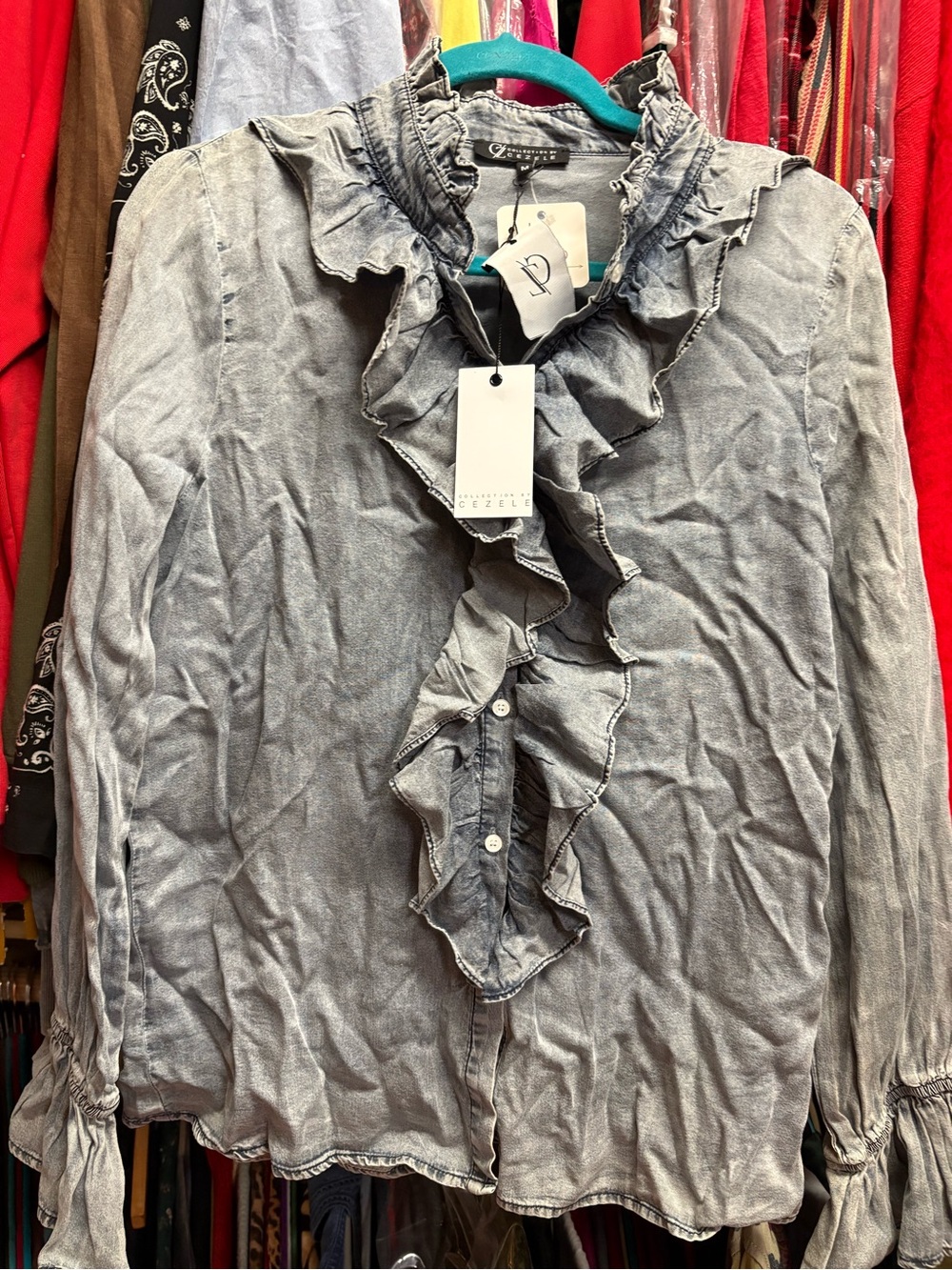 Zele Light Gray Ruffle-Front Denim Jacket